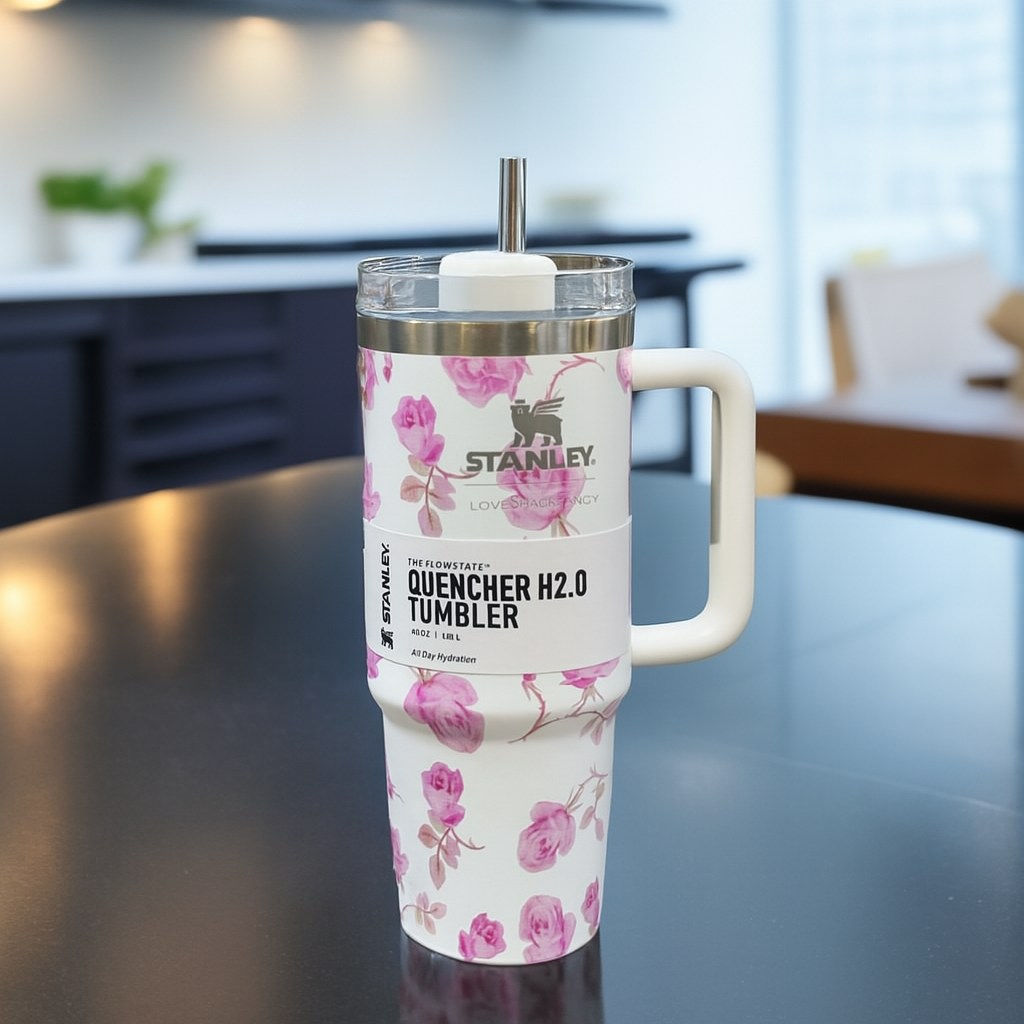 1200ml Stainless Steel Stanley Tumbler Glossy Marble Shades | Premium Vacuum Insulated Travel Mug | Leakproof Cup For Hot And Cold Drinks (Random Color)